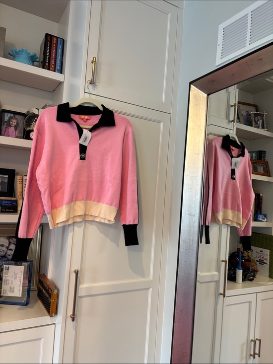 THML Sweaters - THML Pink V‑Neck Polo Sweater with Black Trim and Cream Hem